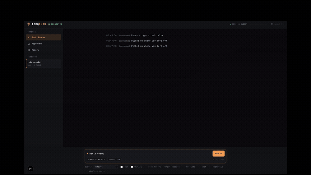 Two cloud-routed tasks run through the Hermes engine with route badges, step traces, and live session spend