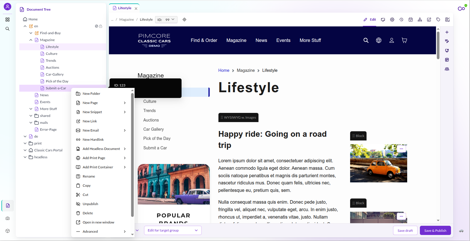 Document and page management (DXP/CMS) screenshot