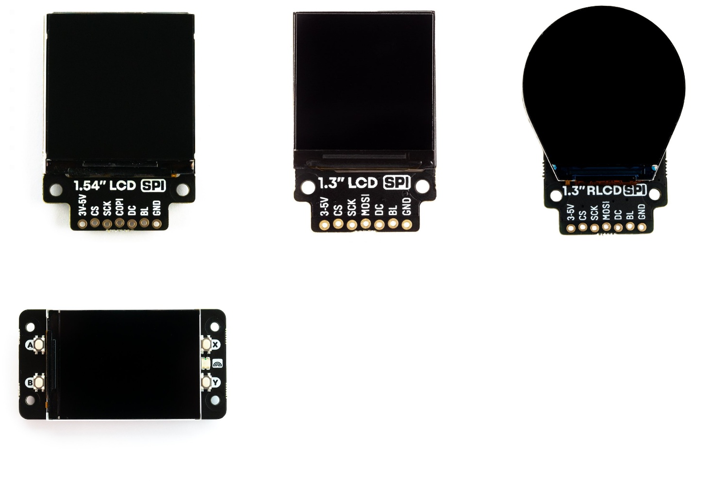 Photo showing four different Pimoroni ST7789-based products