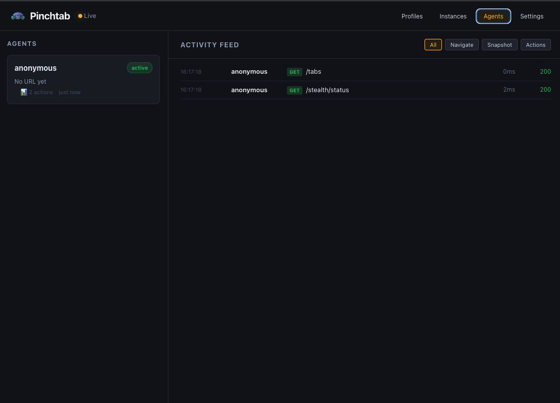 Dashboard Agents Tab showing real-time activity feed with agent actions