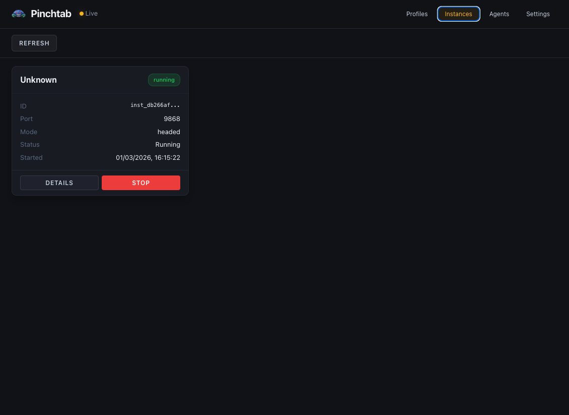 Dashboard Instances Tab showing headed mode instance running on port 9868