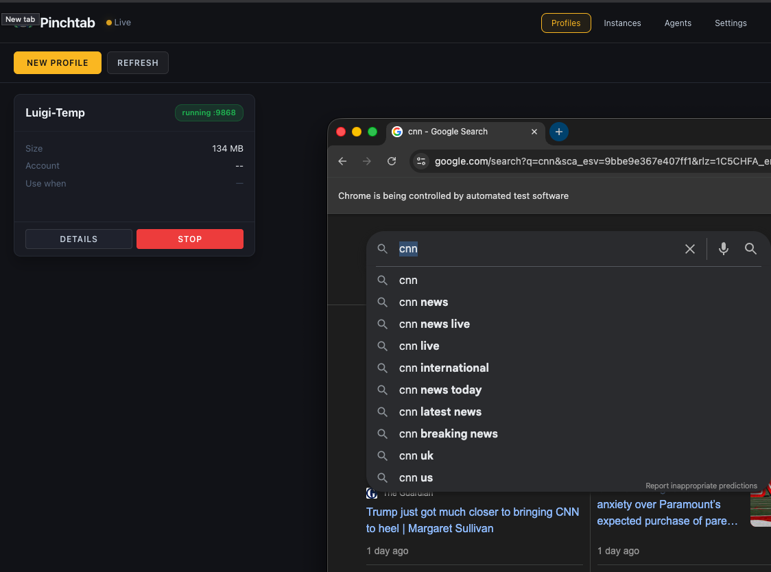 Dashboard Profiles Tab showing a headed mode instance with live Chrome browser window