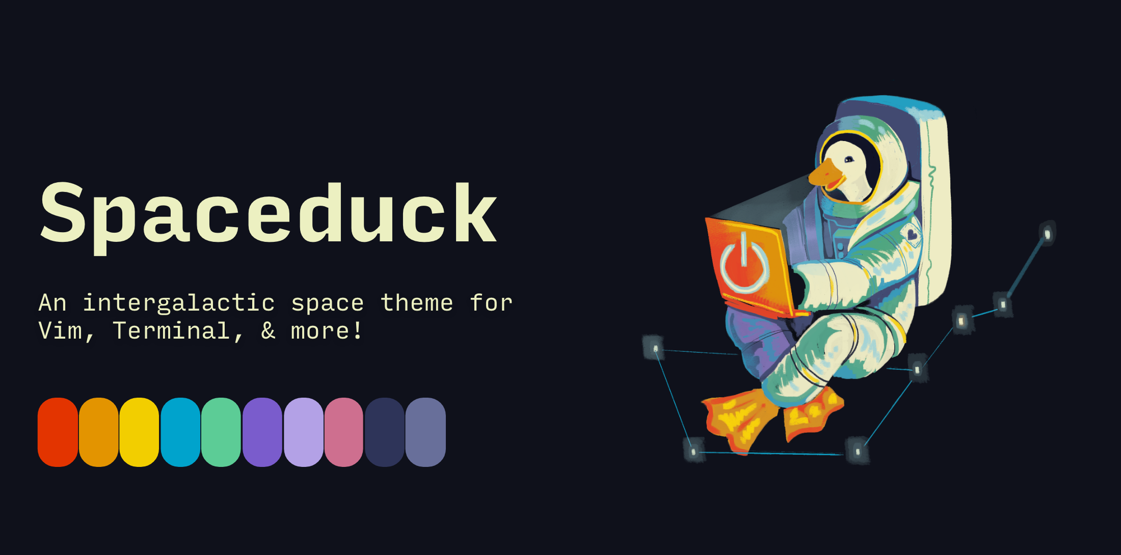 Spaceduck Logo of duck in an astronaut uniform holding computer: credit to Lexi @kalrita_lw