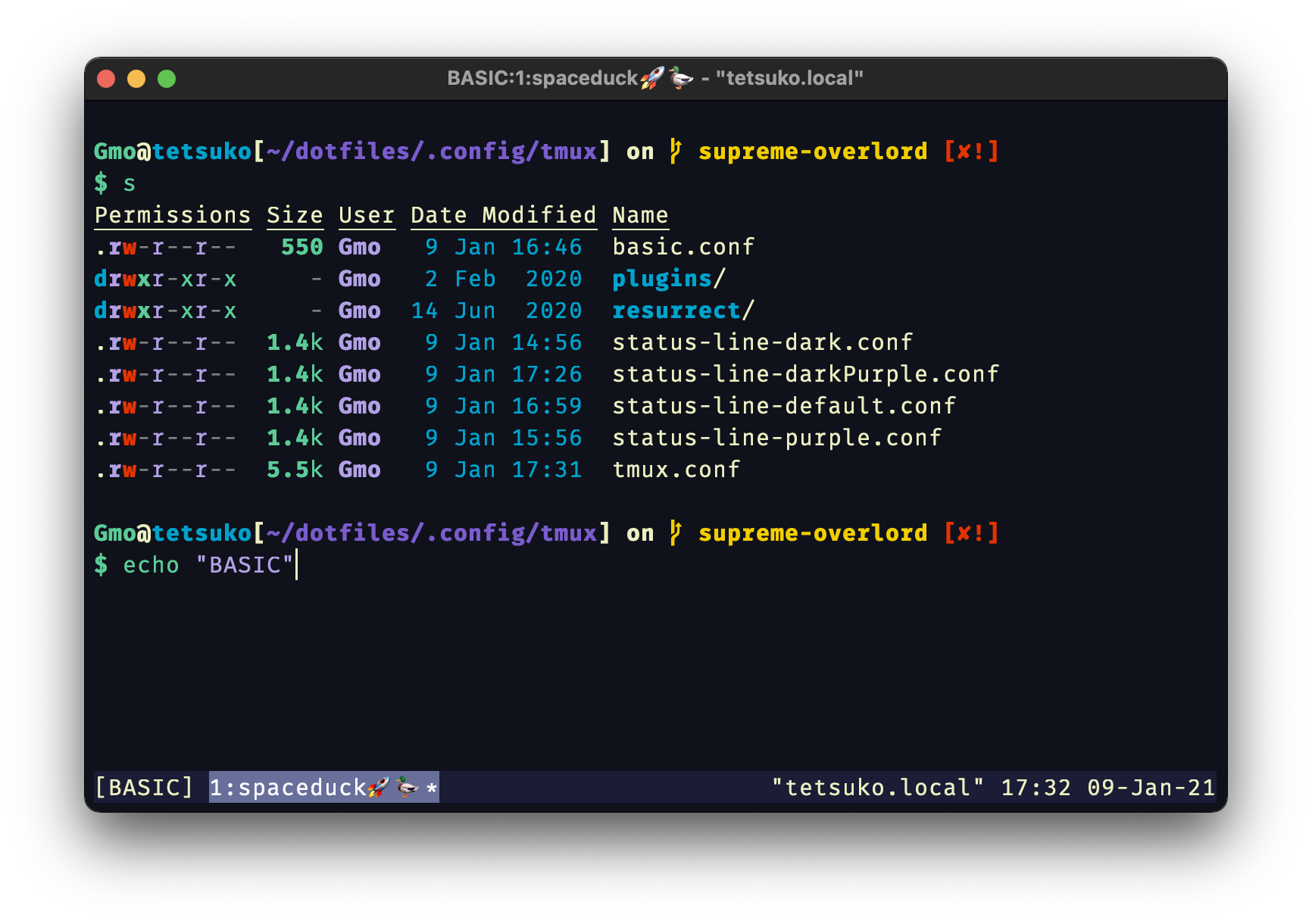 Screenshot of tmux statusline using the dark config