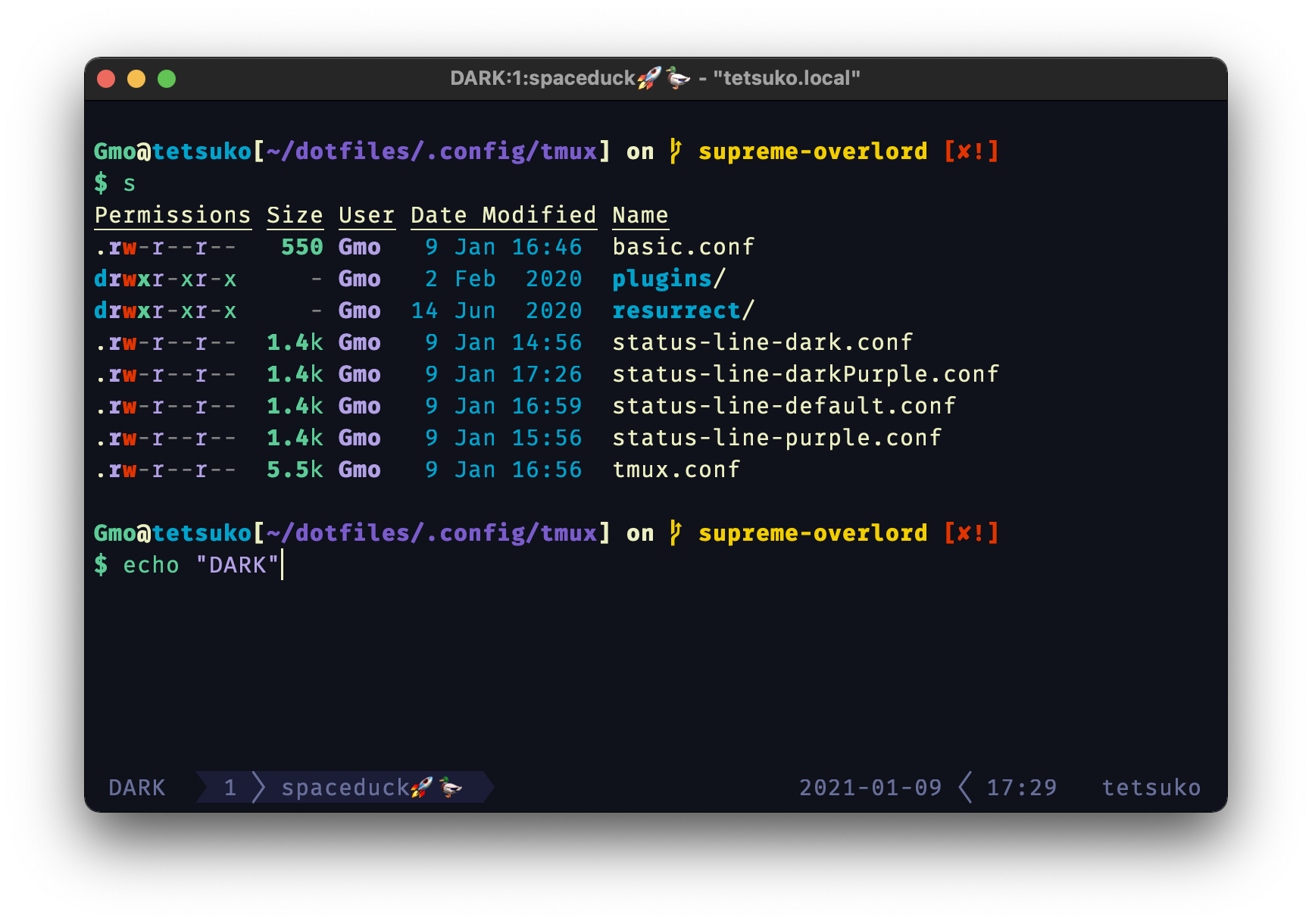 Screenshot of tmux statusline using the dark config