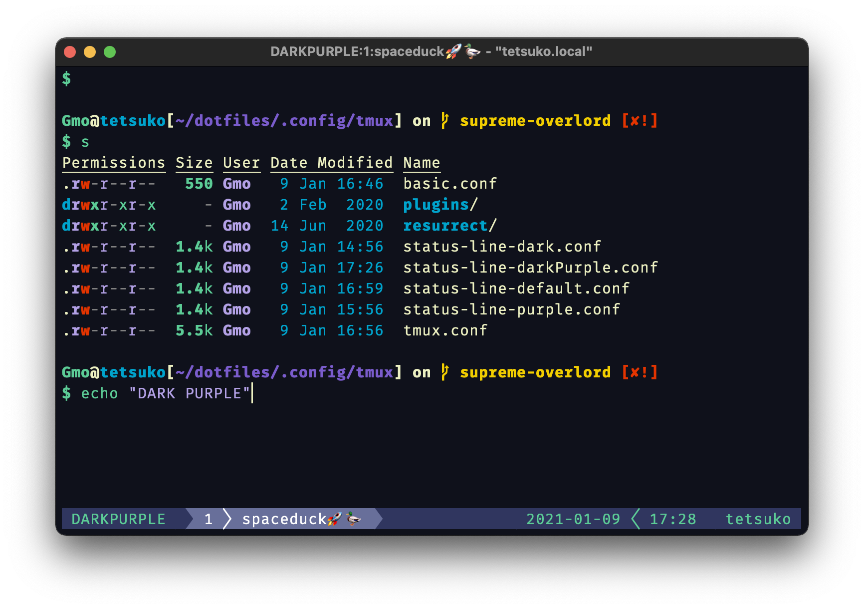 Screenshot of tmux statusline using the dark purple config