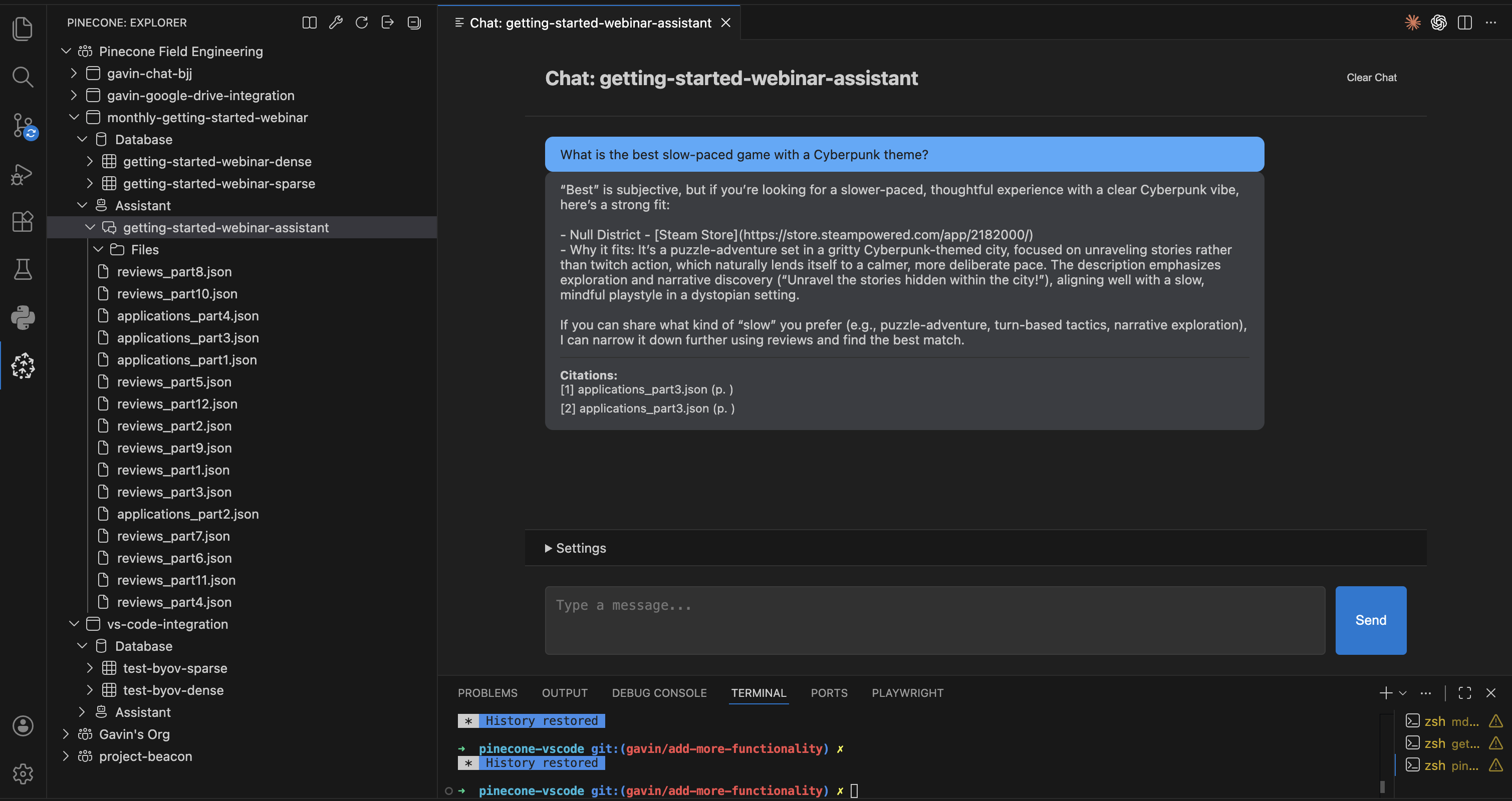 Assistant chat response with citations