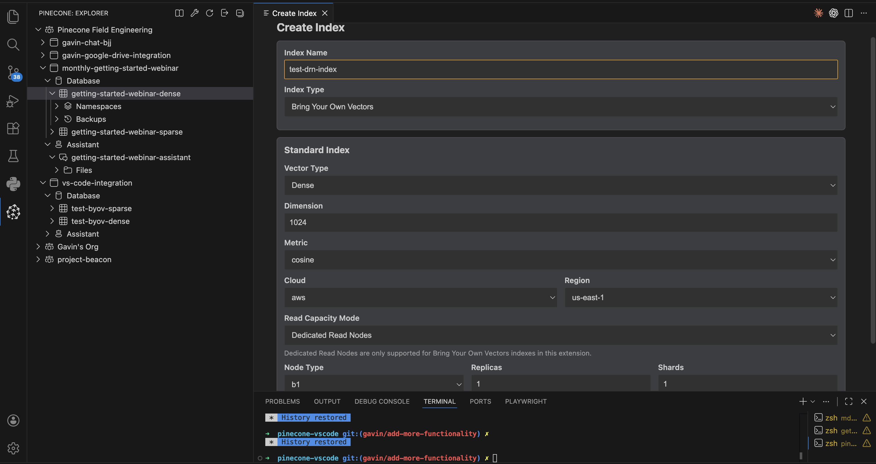 Create index dialog with Dedicated Read Nodes