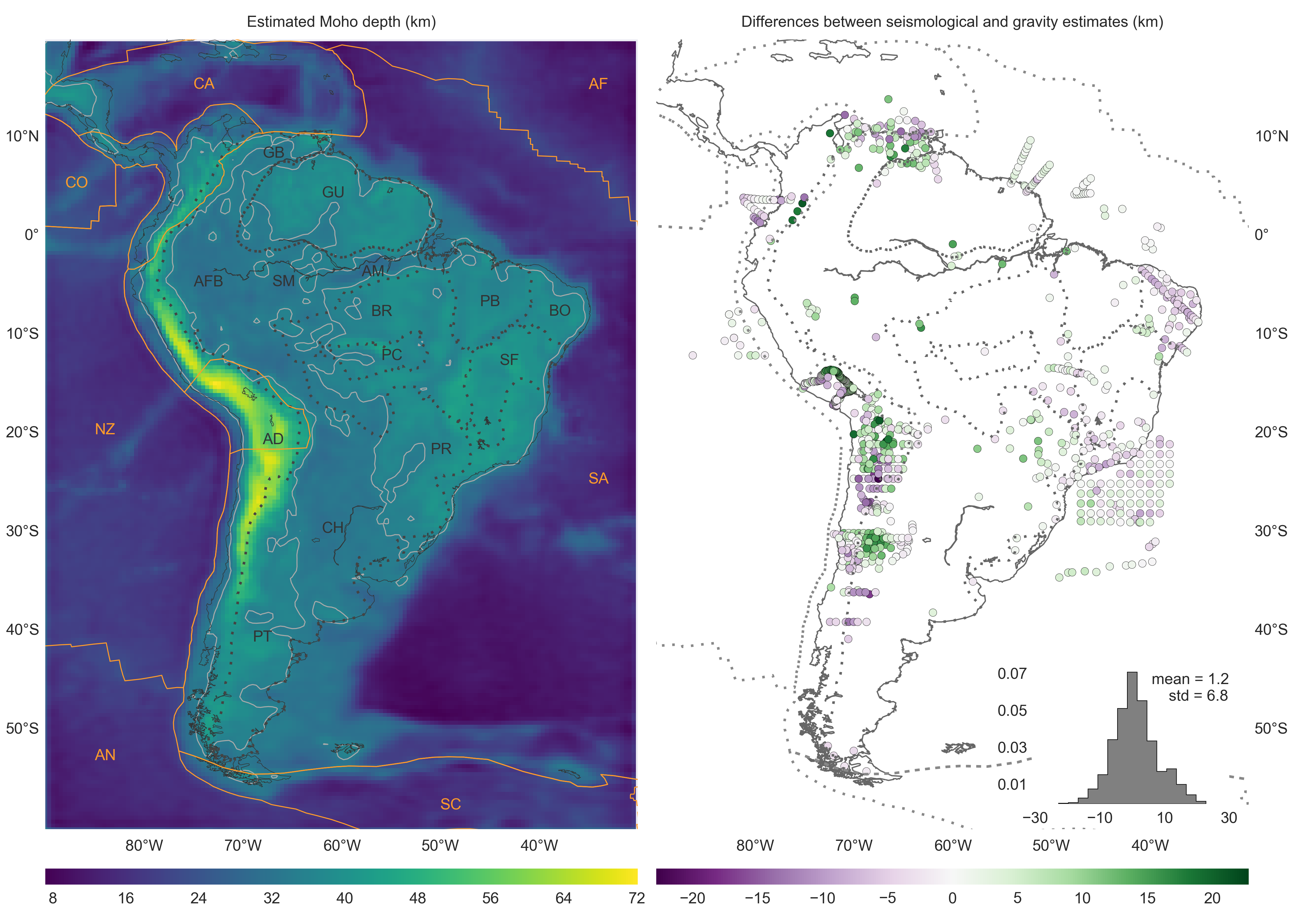 The estimated Moho depth for South America and differences with seismological estimates