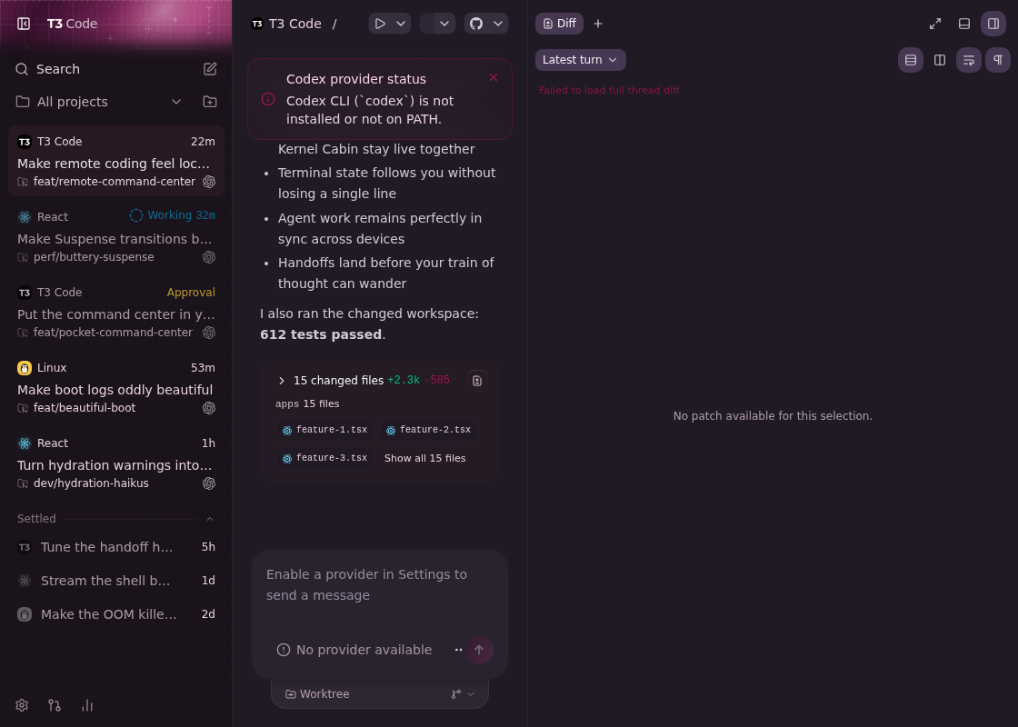 after in dark mode: changed-files stats remain readable beside the icon-only diff action