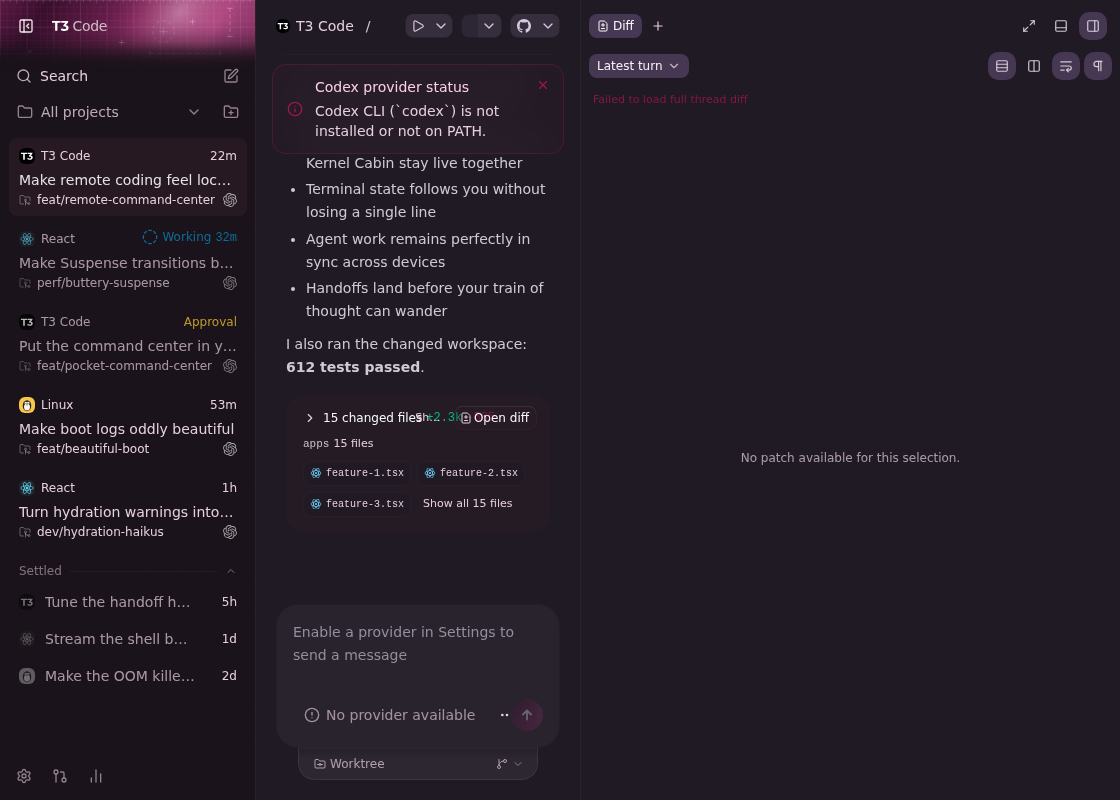 before in dark mode: changed-files stats collide with the Open diff action