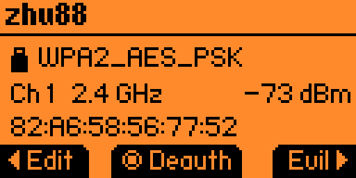 Access point detail screen showing encryption, channel, band, MAC and actions