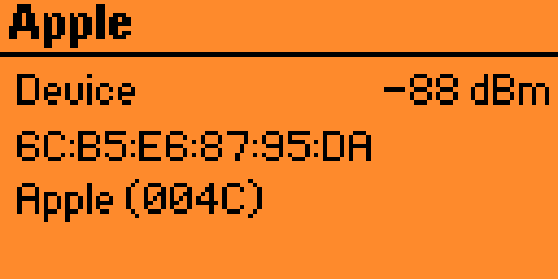 5Ghost BLE device detail page on Flipper Zero showing device kind, MAC address, RSSI and vendor Apple 004C