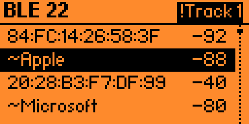 5Ghost BLE Scan list on Flipper Zero showing device MACs, vendor names such as ~Apple and ~Microsoft, RSSI values, and a Track alert chip in the header