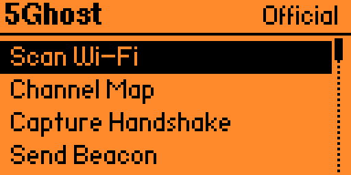 5Ghost WiFi Lab home menu on Flipper Zero showing firmware status and tool list