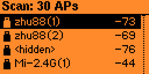 Dual-band Wi-Fi scan list with lock icon, SSID, RSSI and mesh markers