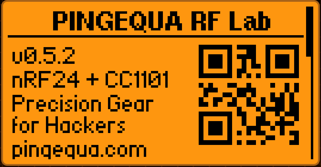 RF Lab About screen with a scannable QR code to the shop