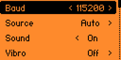 SigRoam settings screen showing baud rate, source, sound and vibro options