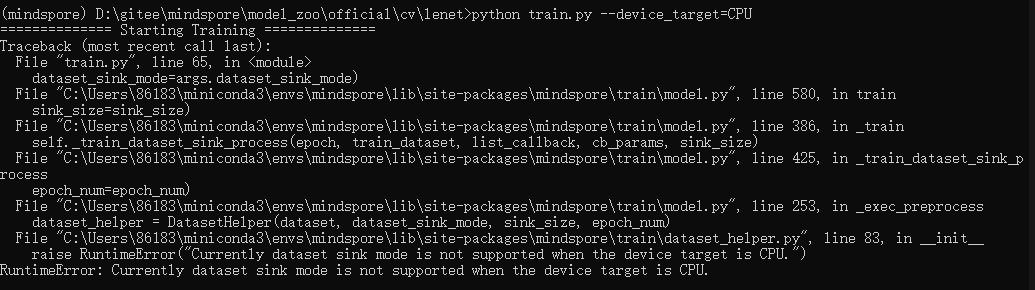 RuntimeError: Currently dateset sink mode is not supported when the device target is CPU