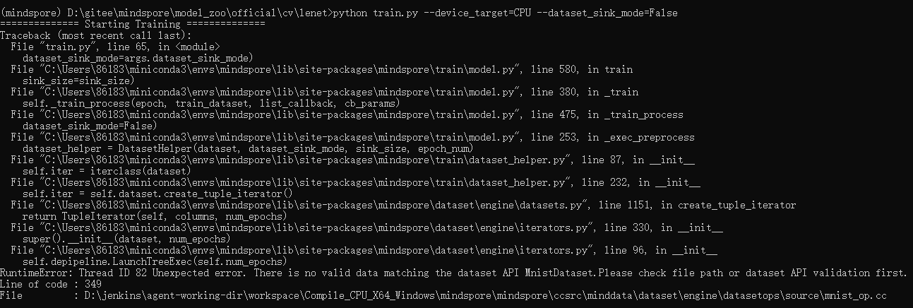 Unexpected error. There is no valid data matching the dataset API MnistDataset.Please check file path or dataset API validation first.