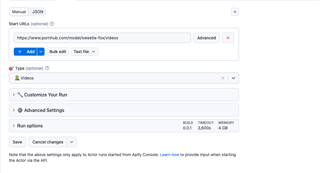 Pornhub Model Extractor Input Parameters