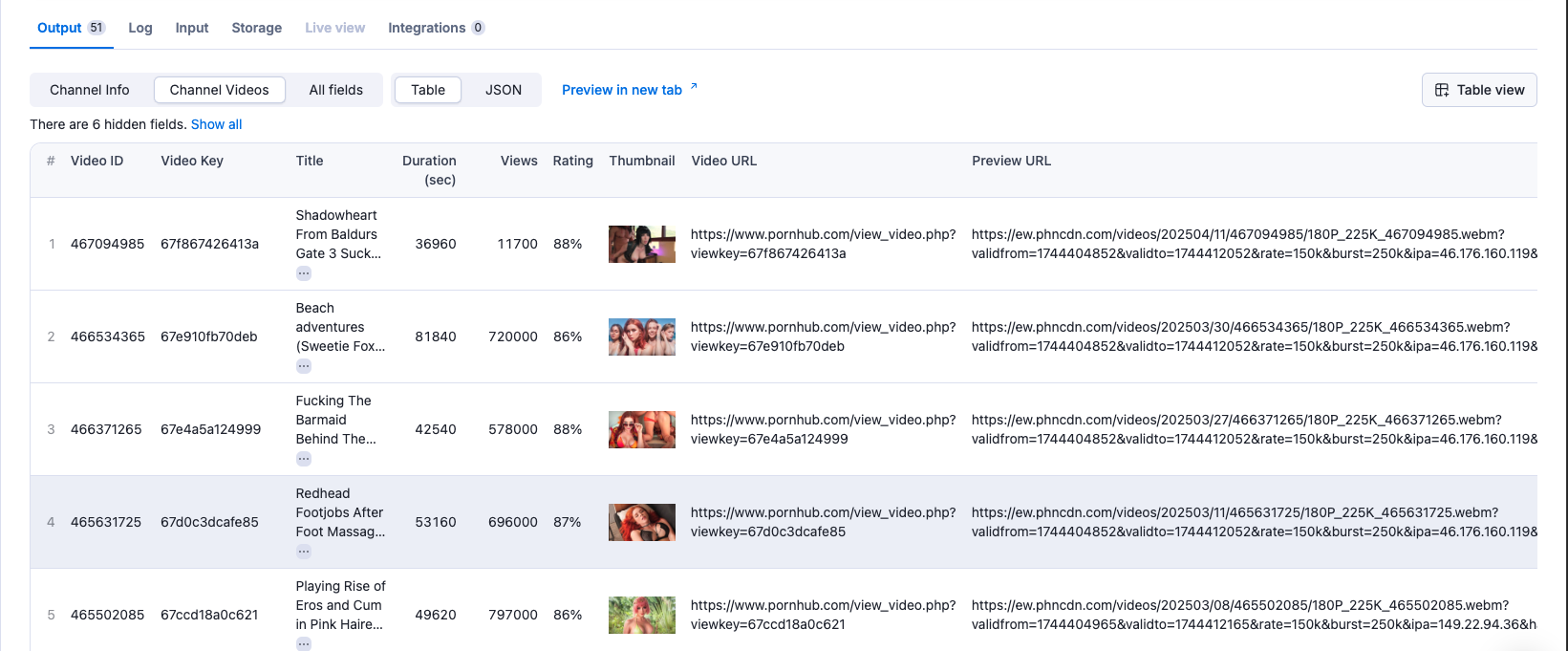 Pornhub Model Extractor Output Parameters