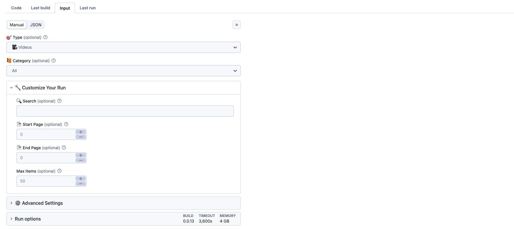 Pornhub Extractor Input Parameters