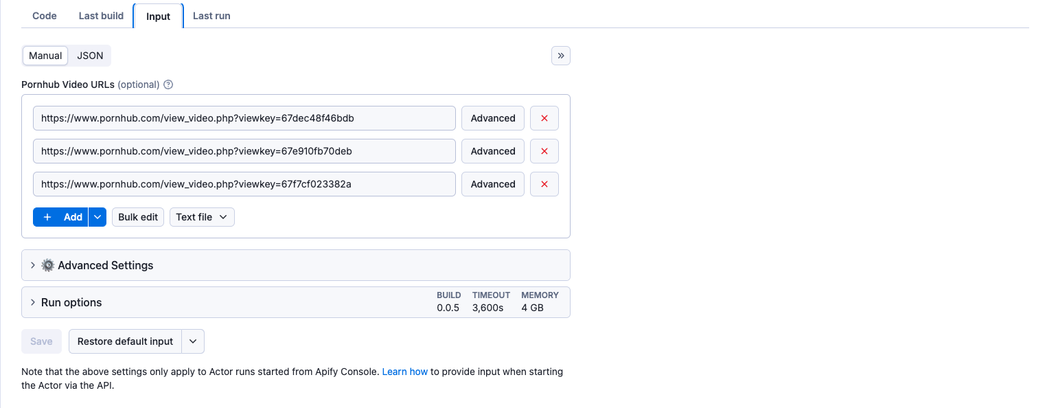 Pornhub Video Scrapper (Downloader) Input Example