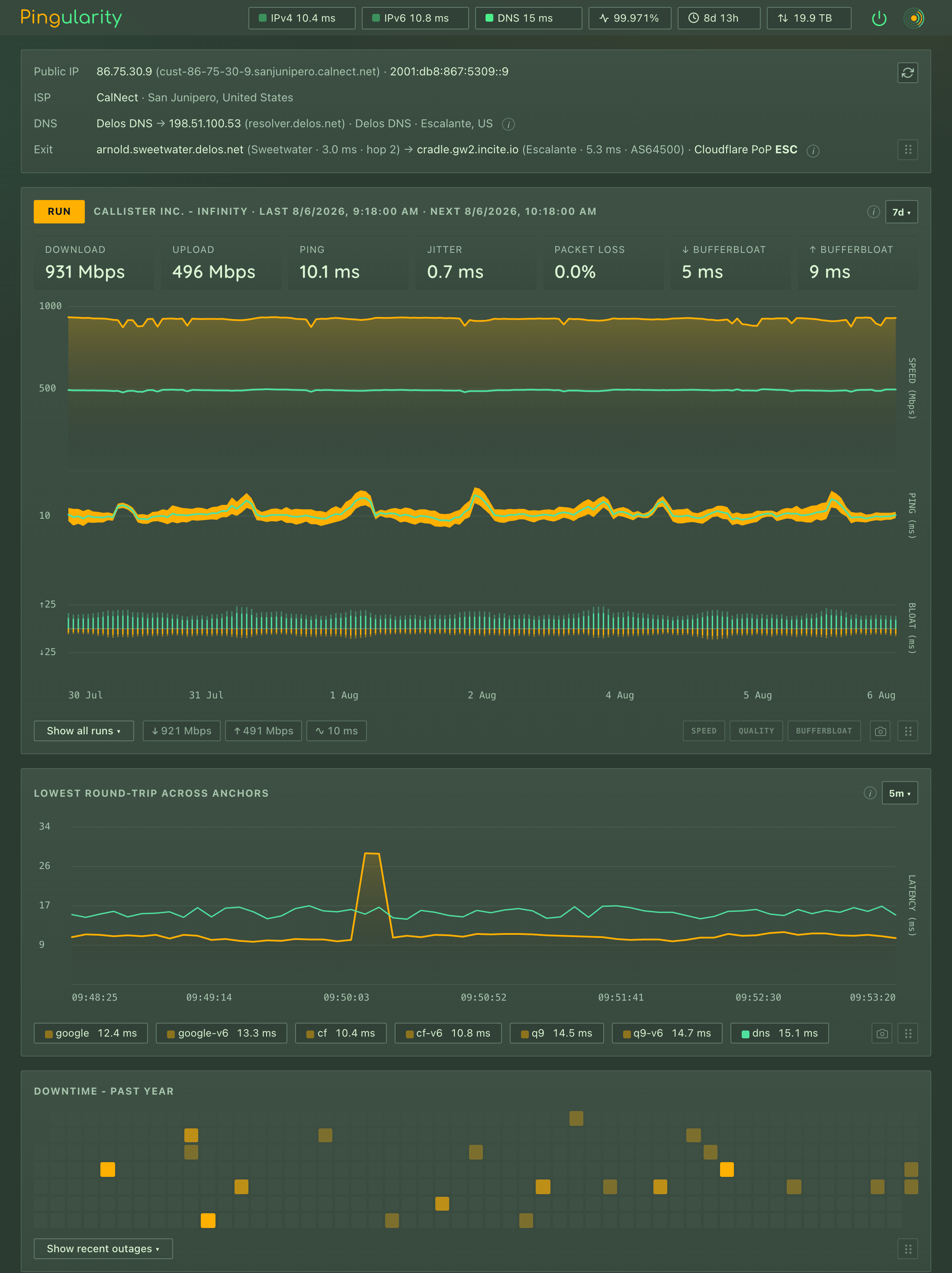 The Pingularity dashboard: top-bar status bubbles, the Connection panel (IP / ISP / DNS / internet exit), a speedtest with bufferbloat, the latency-over-time chart, and a year-long downtime heatmap