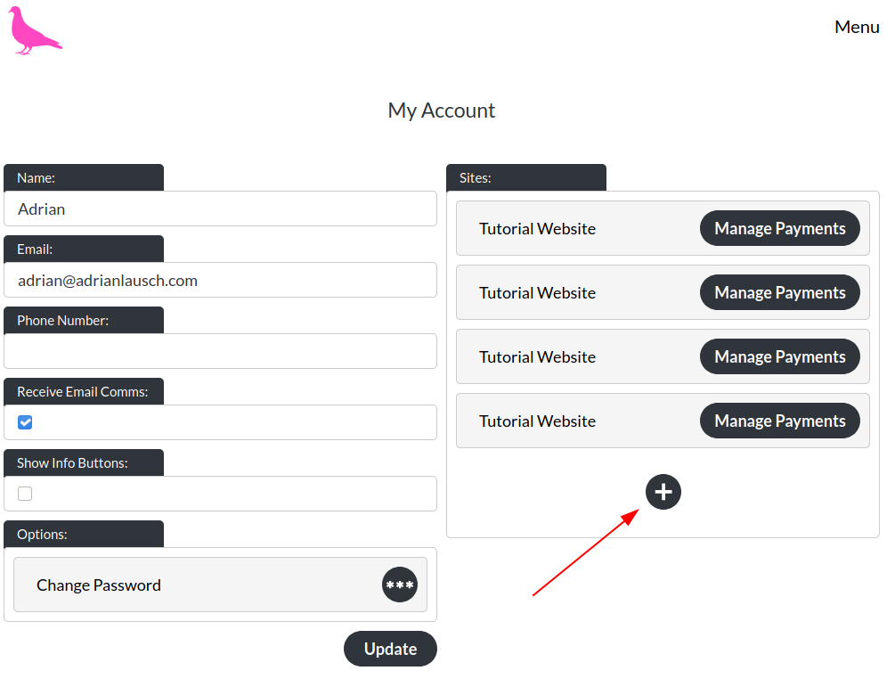 Image highlighting plus-button under 'sites' in 'my account'