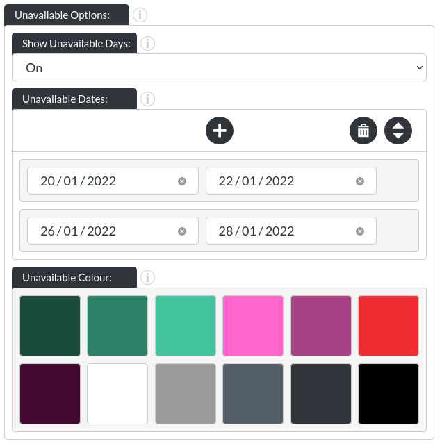 Image of the calendar - hotel bookings module, showing the unavailable dates in website builder