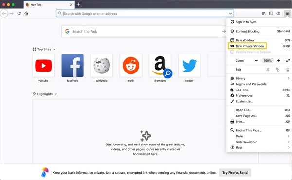 Image of Firefox - open incognito window