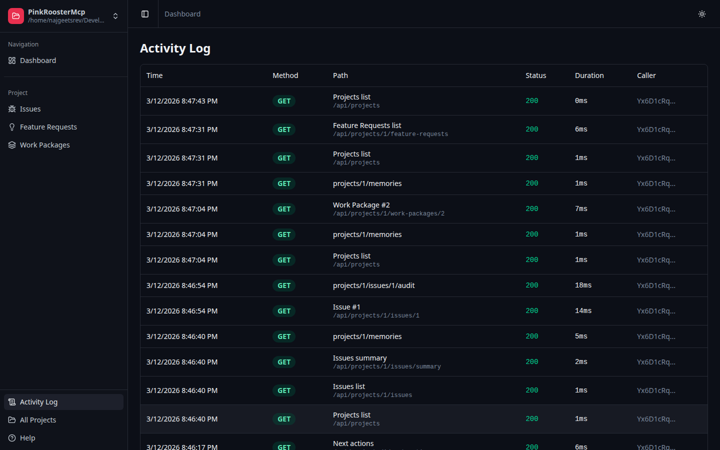 Activity log showing timestamped API requests with method badges, humanized paths, and response times