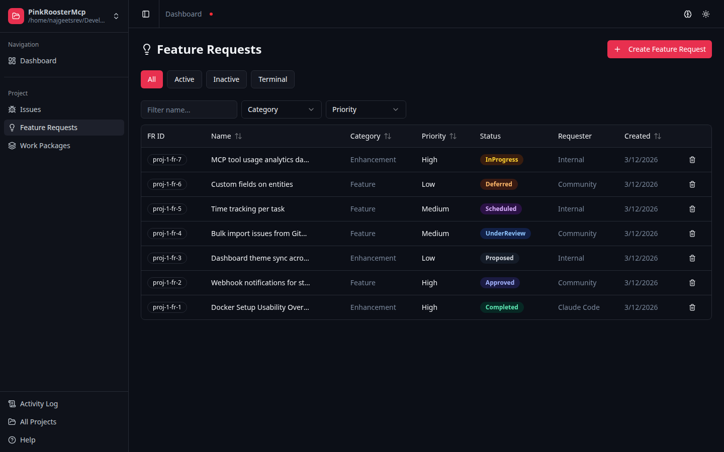 Feature requests list with category and priority filters