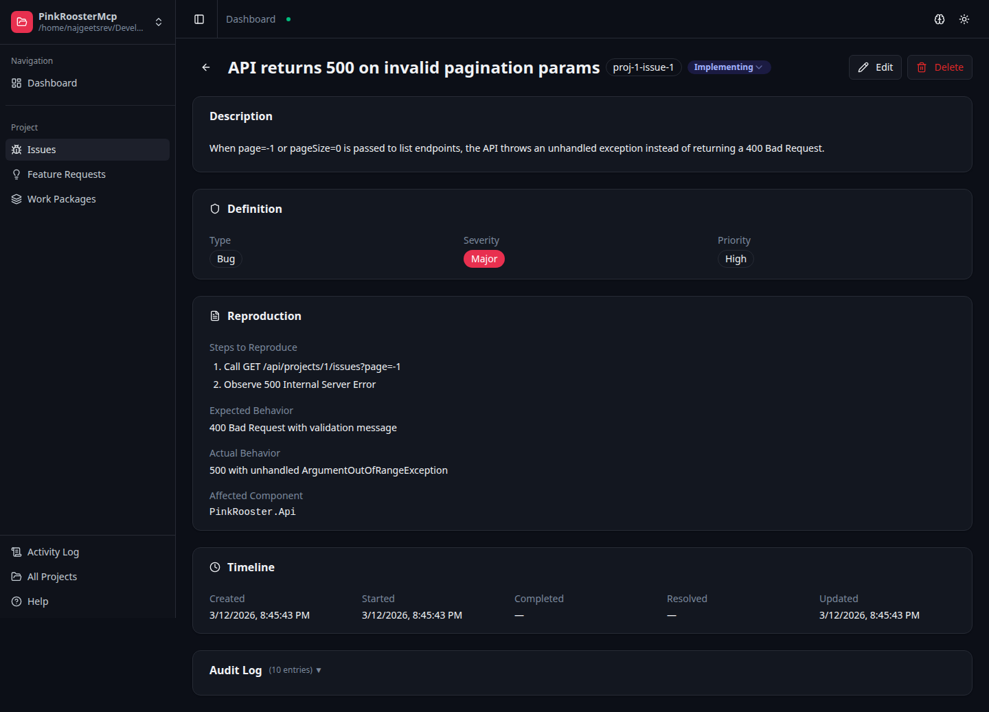 Issue detail page showing definition, reproduction steps, resolution, related work packages, and timeline