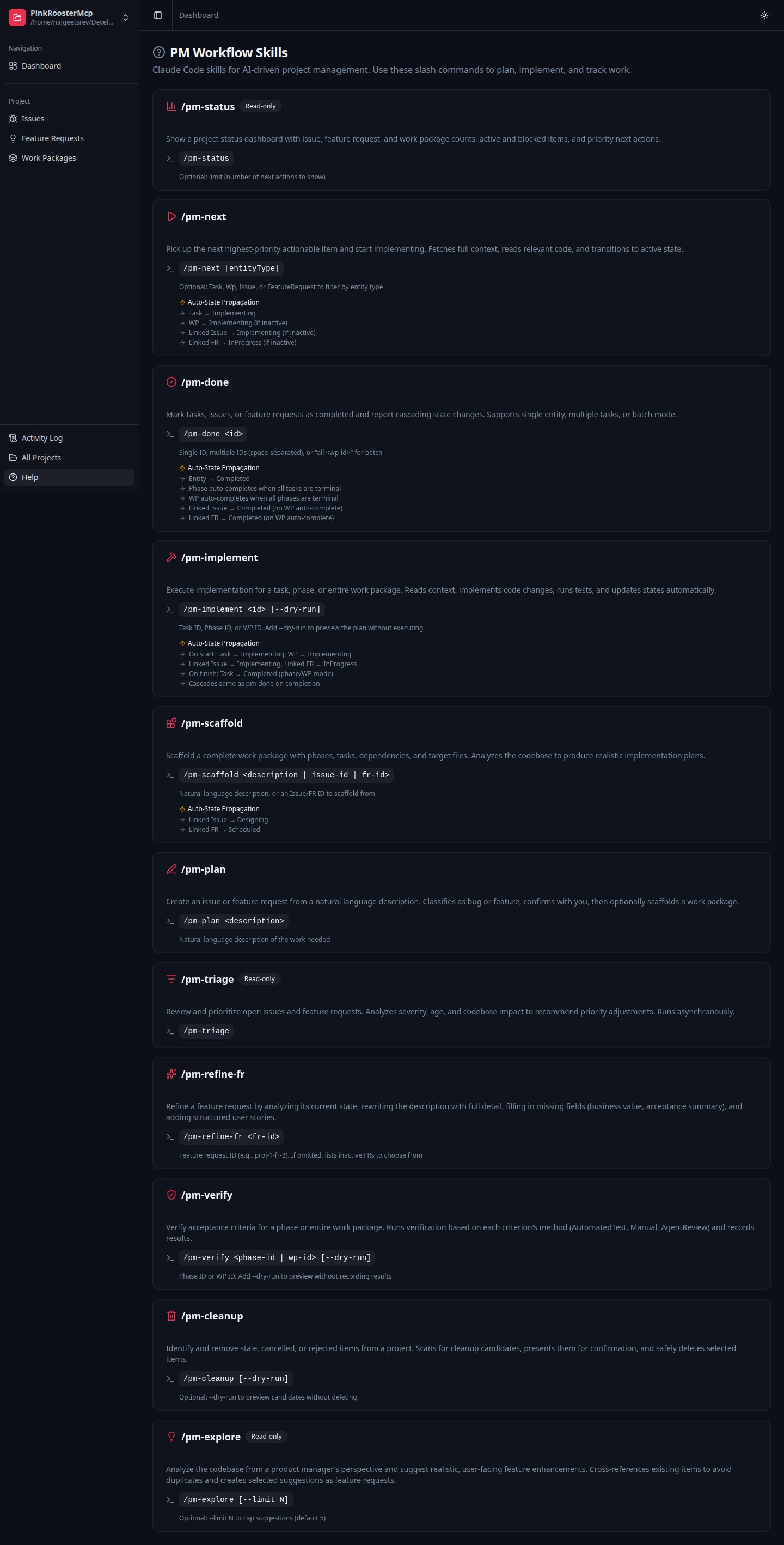 PM Workflow Skills help page showing all sixteen slash commands with usage syntax and auto-state propagation rules