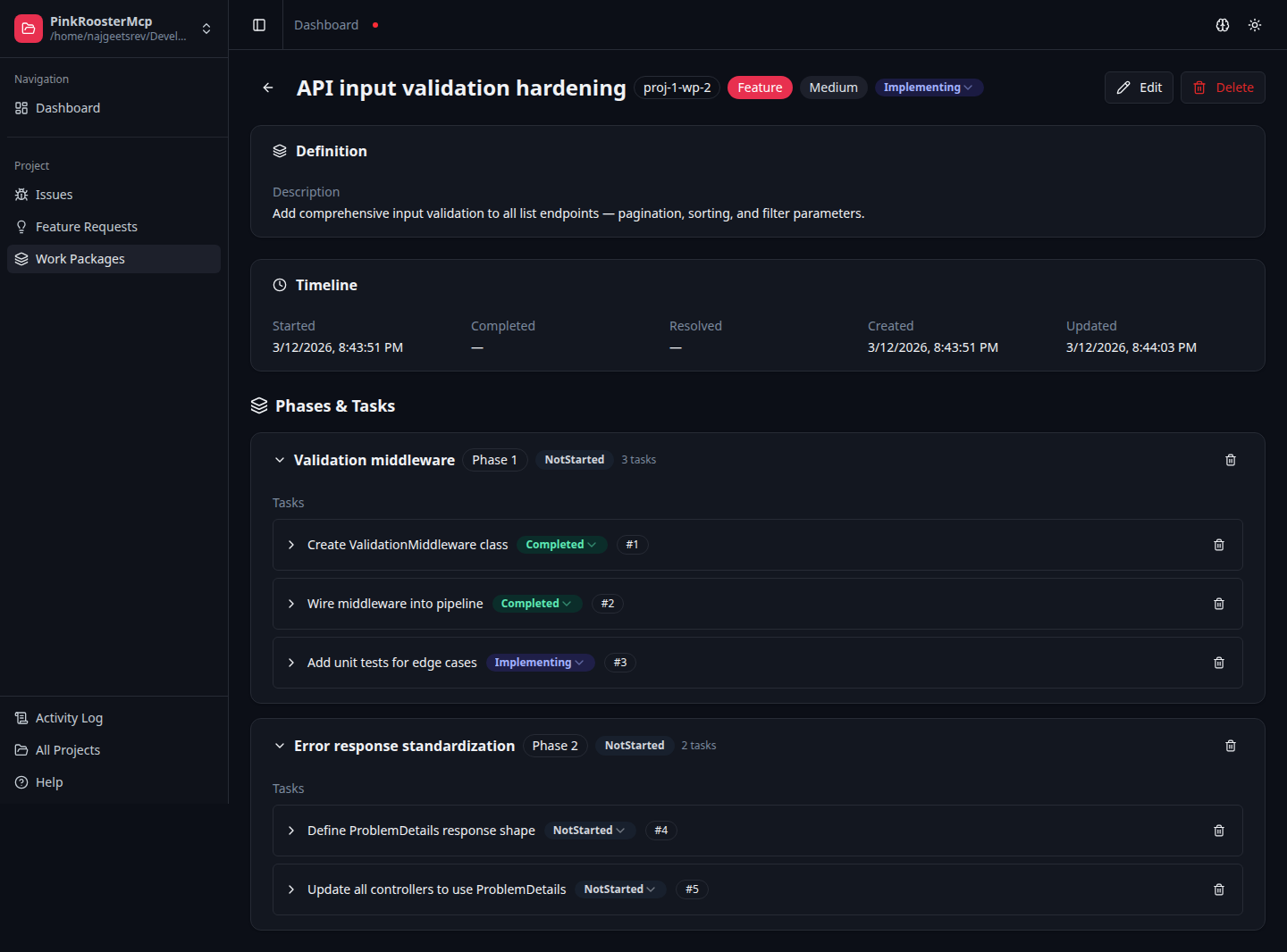 Work package detail page with definition, estimation, linked issue, timeline, and phases with tasks