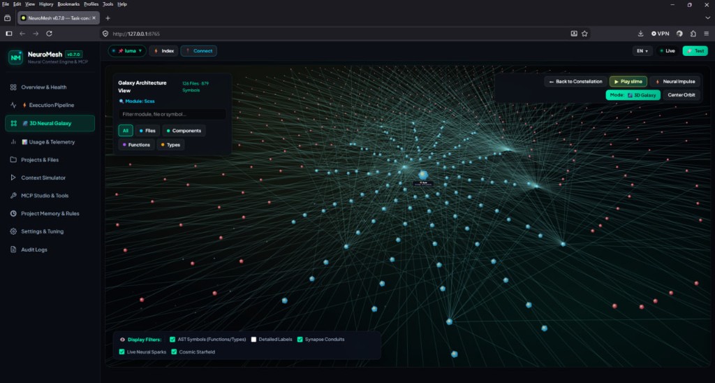 3D Neural Galaxy file graph with Physarum slime tubes