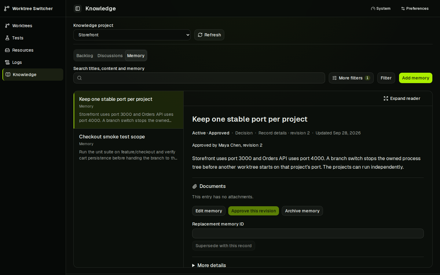 Memory reader showing an approved project decision