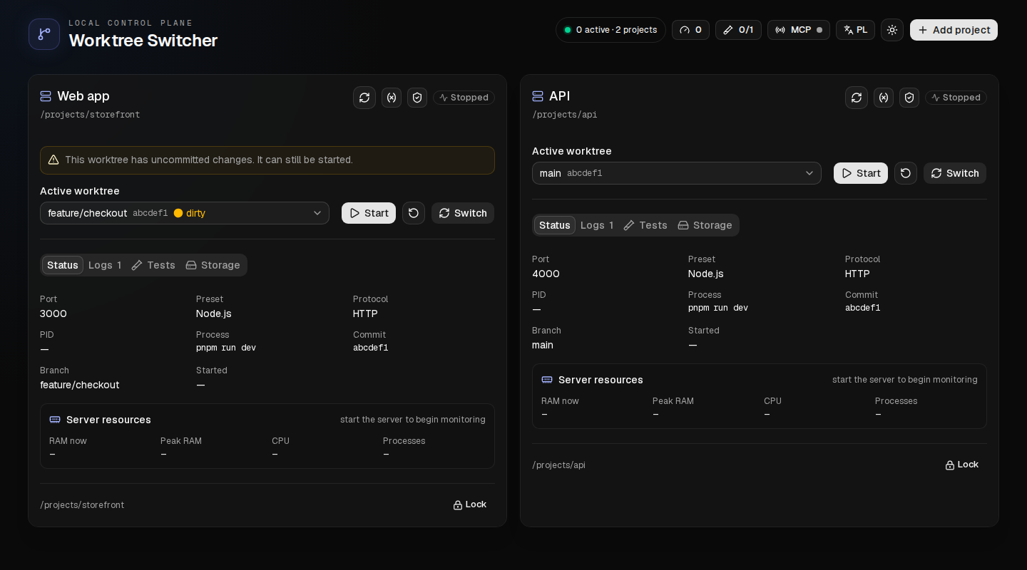 Worktree Switcher dashboard showing two example projects, their selected branches, stable ports, runtime controls, and test tabs