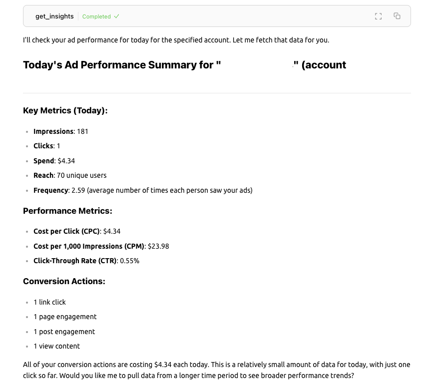 Meta Ads MCP in action: Visualize ad performance metrics and creative details directly in Claude or your favorite MCP client, with rich insights about campaign reach, engagement, and costs
