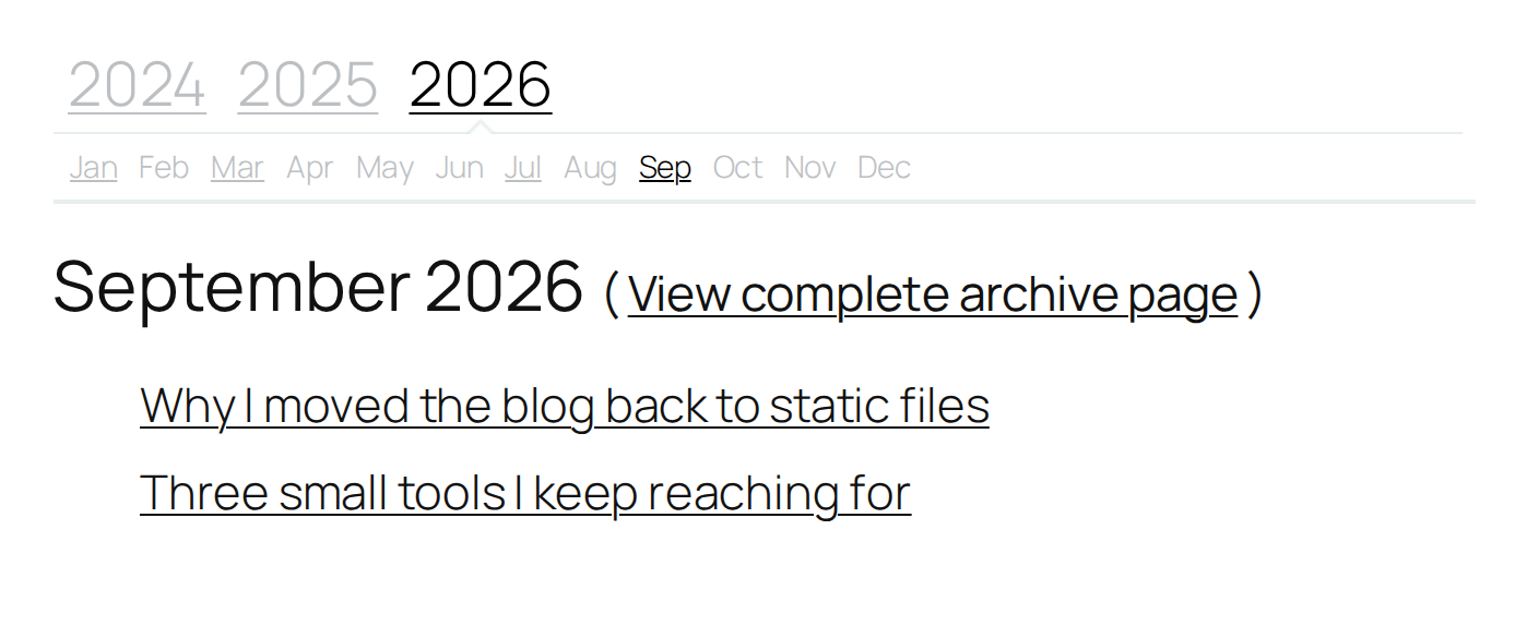 The fancy archive: a year tab bar above a month tab bar, opening onto a list of that month's posts
