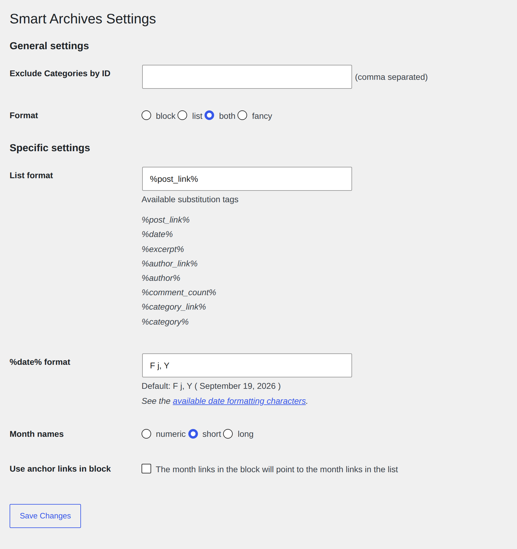 The settings screen: format, list format with its substitution tags, date format, month names and the anchor-link option