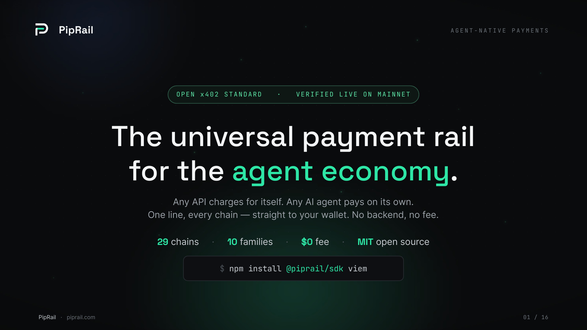 PipRail pitch deck — the universal payment rail for the agent economy. Click to open the full 16-slide PDF, rendered right here in your browser.
