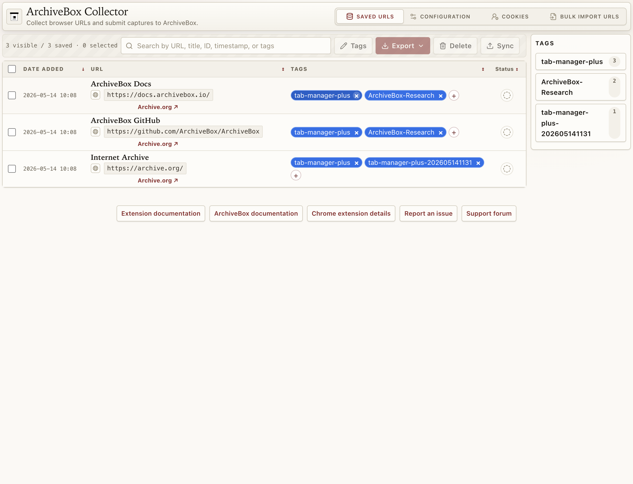 ArchiveBox saved URLs tagged from Tab Manager Plus import