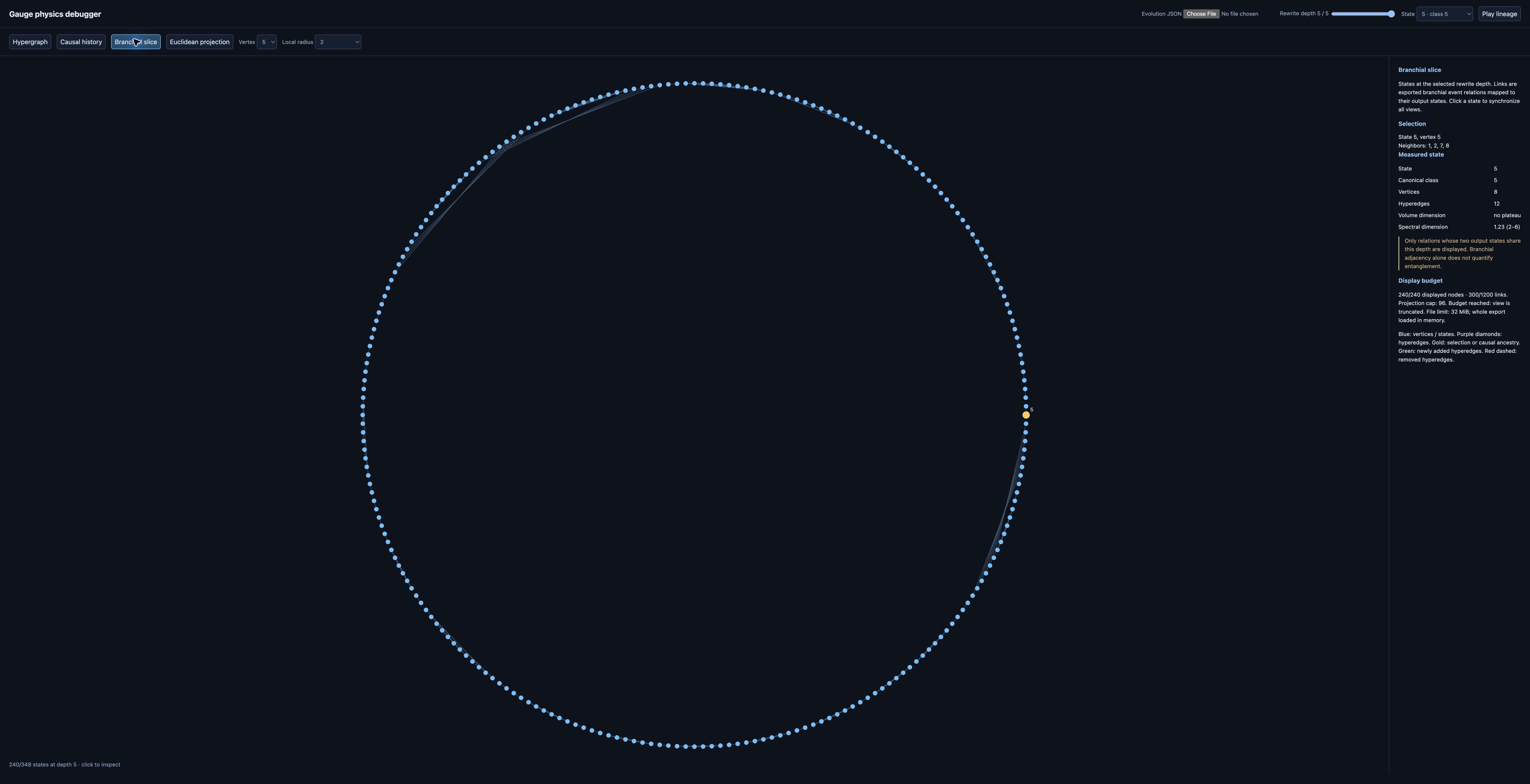 Debugger showing a bounded slice of an exported evolution