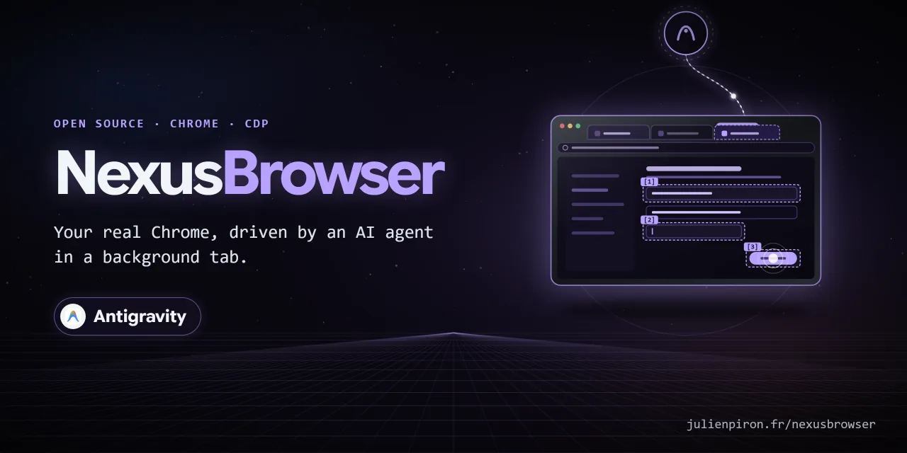 NexusBrowser: your real Chrome, driven by an AI agent in a background tab.