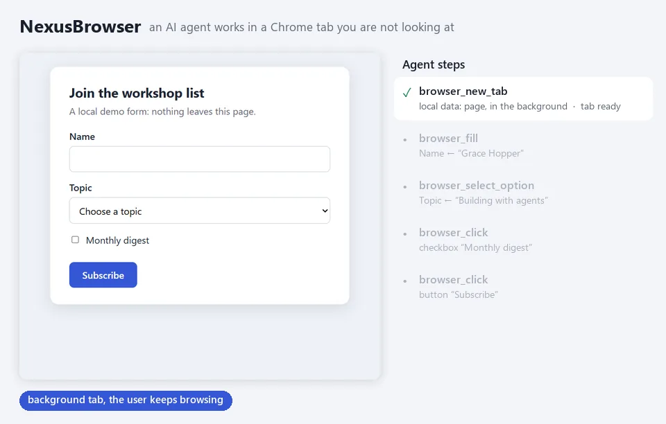 NexusBrowser: an AI agent types into a form, picks an option and clicks in a background Chrome tab while the user keeps browsing