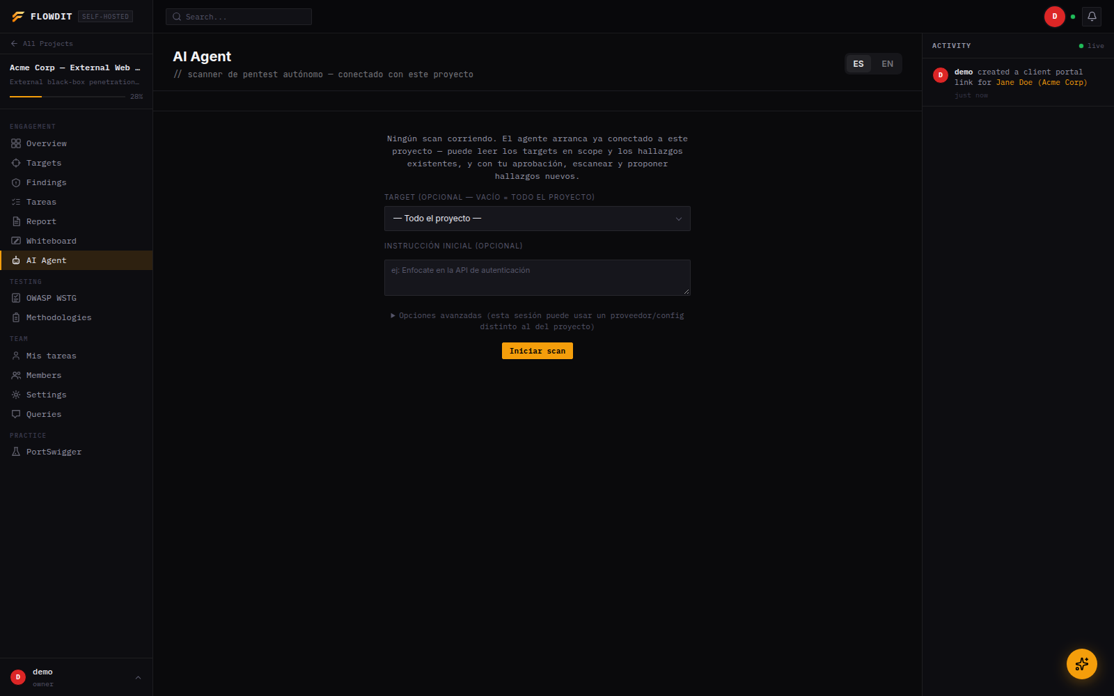 AI pentest agent session