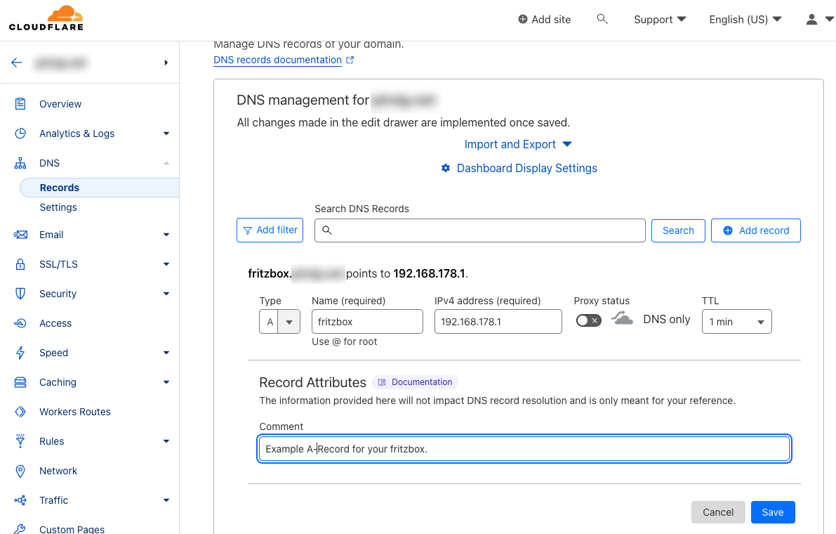 Example for an A-Record configured on Cloudflare